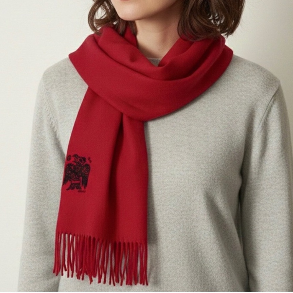 MAGENTA DESIGNS Wool Red Scarf Indigenous Eagle Art Northwest Coast Style Fringe